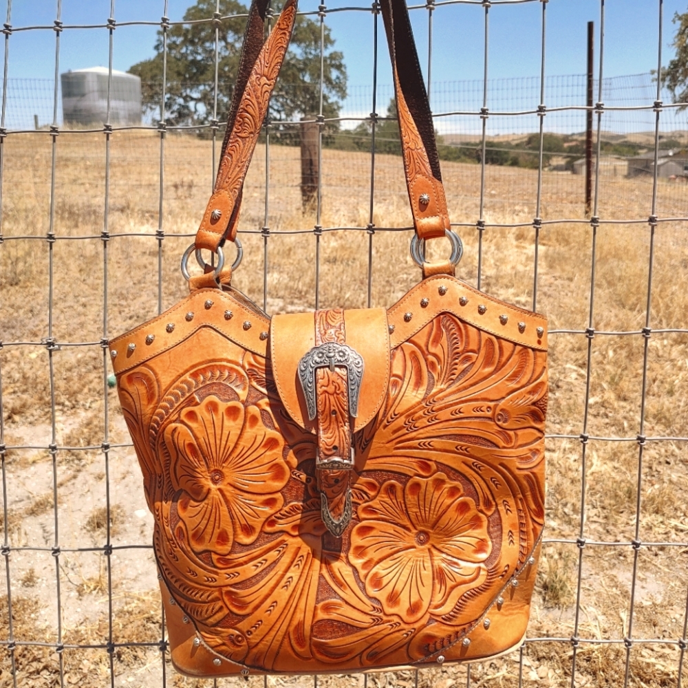 Vintage Tooled Leather Tote Bag